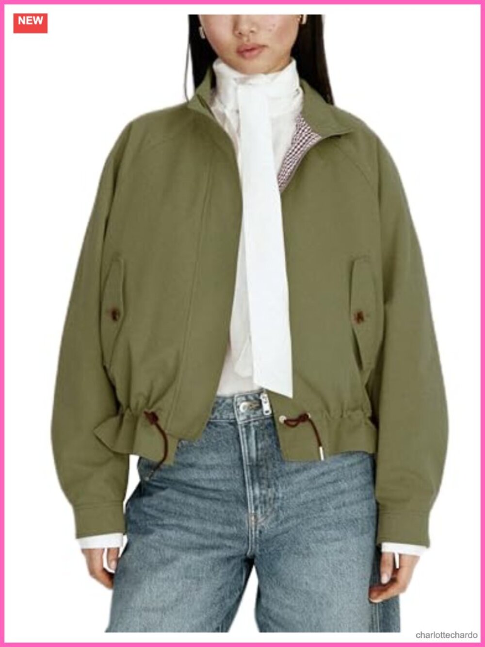 Women's Cotton Casual Jacket Drawstring Waist Zip Up Stand Collar